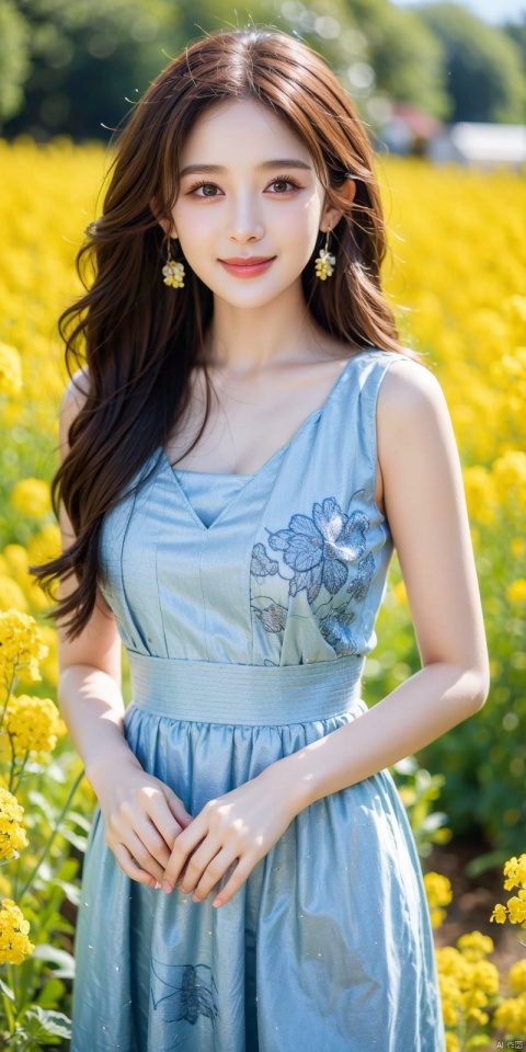 cowboy_shot,(Good structure),standing in a sea of rapeseed flowers, charming eyes, kind smile, surrounded by blooming yellow rapeseed flowers, forming a beautiful picture, high quality picture, full HD picture, 8K resolution, photorealistic, intricate details, sharp focus, vibrant colors, Depth of field,
concept art, artwork., blue dress,  1girl, ((poakl)), nazha
