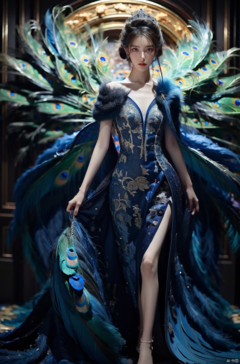  A majestic peacock princess in an indoor setting, under dim lighting with warm tones and play of light and shadow. The feathers are vibrant and detailed, reflecting her pride and confidence. The environment is mysterious, with decorations on the walls reflecting faint light, adding depth to the space. High quality image, full body shot, close up of the feathers, intricate details, sharp focus, dramatic lighting, warm tones, trending on ArtStation, trending on CGSociety, photorealistic painting art by Greg Rutkowski and Midjourney., jinchen, dress, Detail,red dress