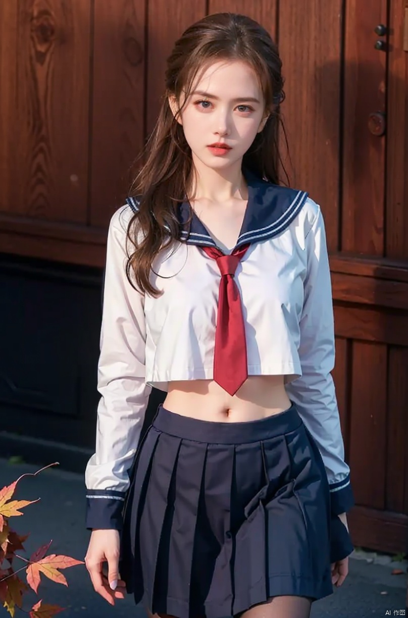  1girl, Autumn, fallen leaves, orange and red tone color,,
 pretty face, (photo realistic: 1.3) , Edge lighting, (high-detail skin) , 8K ultra-hd, DSLR, high quality, high resolution,(photo realistic: 1.3) 
,large breasts, (boobs naked:0.8), ,sailor senshi uniform,blue bow,blue necktie,blue sailor collar,blueskirt,black pantyhose, light master, Detail, , nike