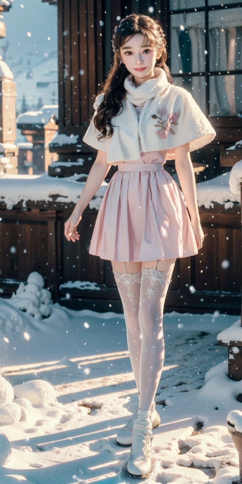  1 girl,Transparent skirt,pink face,stockings,(snow:1.2),(snowing:1.2),peach blossom,snow,solo,scarf,pink hair,smile,long hair,bokeh,realistic,long coat,blurry, captivating gaze, embellished clothing, natural light, shallow depth of field, romantic setting, dreamy pastel color palette, whimsical details, captured on film,. (Original Photo, Best Quality), (Realistic, Photorealistic: 1.3), Clean, Masterpiece, Fine Detail, Masterpiece, Ultra Detailed, High Resolution, (Best Illustration), (Best Shadows), Complex, Bright light, modern clothing, (pastoral: 1.3), smiling,standing,(very very short skirt:1.5),knee socks,(white shoes: 1.4),long legs, forest, grassland,(view: 1.3), 21yo girl, striped, , capricornus, 1girl, light master, Light master, ((poakl)), , heben, brown hair, blackpantyhose