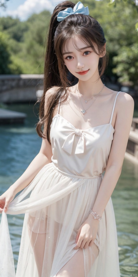  best quality, masterpiece, realistic, ,(Good structure), DSLR Quality,Depth of field,kind smile,looking_at_viewer,Dynamic pose, 
1girl, solo, long hair, , looking at viewer, blush, , bangs, blue eyes,, dress, bow, , bare shoulders, jewelry, very long hair, collarbone, ponytail, white hair, hair bow, thighs, outdoors, sky, sleeveless, day, cloud, water, necklace, white dress, hair over one eye, bracelet, blue sky, blue bow, wading, pendant, doll, skirt hold, rainbow, anastasia \(fate\), ,  , , angel