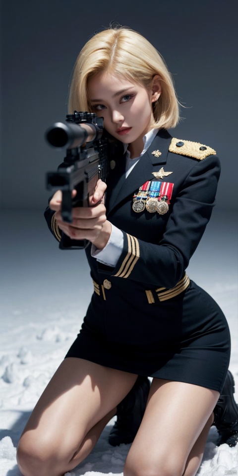  one blonde women wearing tight military uniforms,Kneeling on one knee, White military uniform, pencil_skirt,aiming action,holding an assault rifle in her hand, snow, highly detailed, ultra-high resolution, 32K ultra high definition, best quality, masterpiece, android 18, 