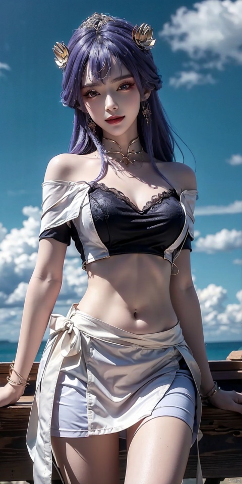  cowboy_shot,(Good structure), DSLR Quality,Short skirt,Blue sky, white clouds, ocean, nai3, 1girl, solo, crop top, , choker, navel, shirt, midriff, crop top overhang, looking at viewer, white shirt, jewelry, breasts, bare shoulders, off-shoulder shirt, off shoulder, black choker, thighs, stomach, long hair, bracelet, short sleeves, ribbon, hand up, collarbone, hair ribbon, medium breasts, , bra strap, , hair ornament, thigh gap, necklace, expressionless, , ,kind smile, , ,tianqiong,purple_hair