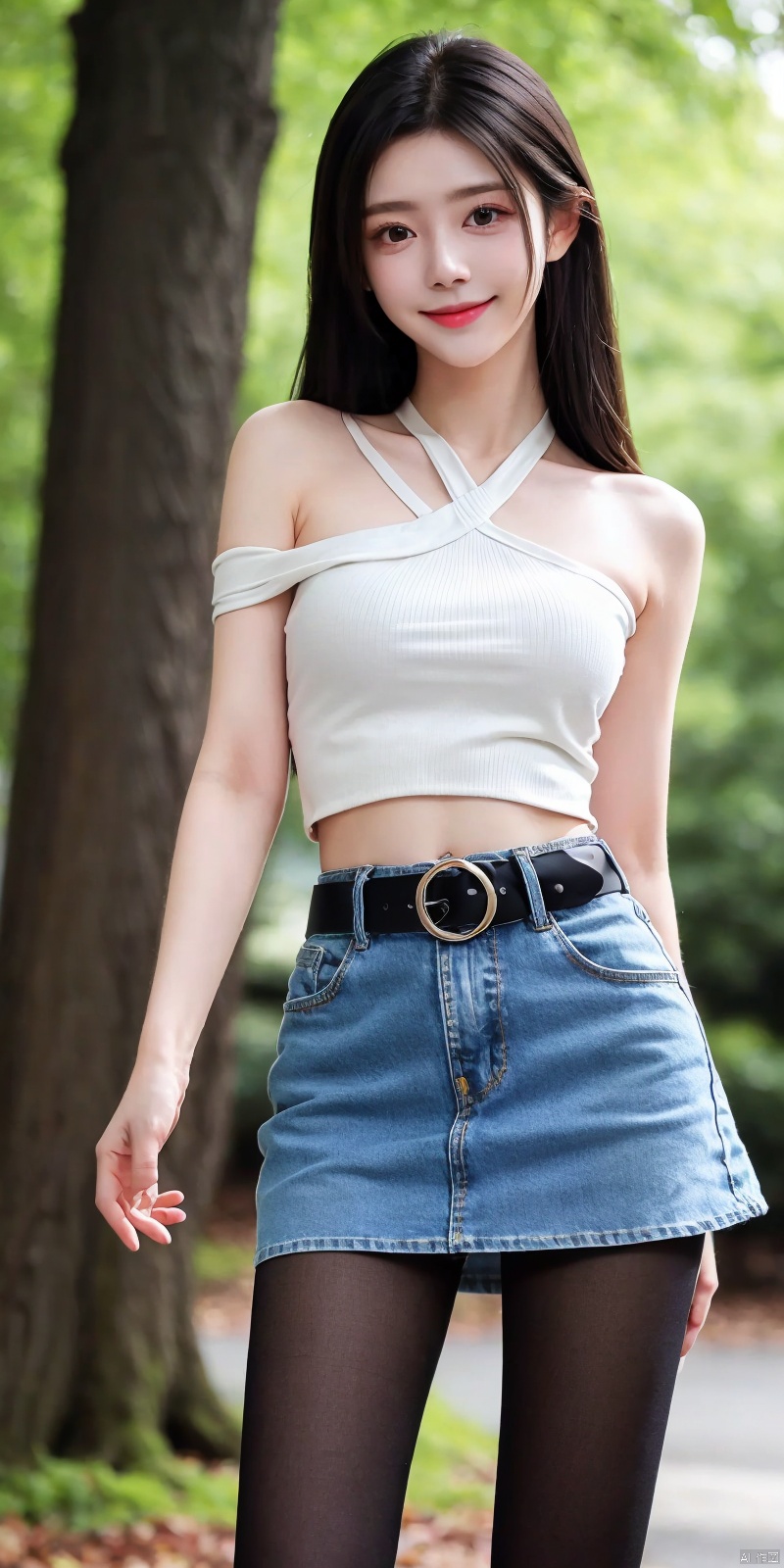 best quality, masterpiece, full_body,(Good structure), DSLR Quality,Depth of field,kind smile,looking_at_viewer,Dynamic pose,
 1girl, 3d, bare_shoulders, belt, blurry, blurry_background, blurry_foreground, branch, , , , collarbone, *******_photo, denim, denim_skirt, depth_of_field, , lips, long_hair, looking_at_viewer, midriff, miniskirt, motion_blur, navel, outdoors, photo_\(medium\), realistic, skirt, solo, standing, tree, , , , blackpantyhose, , , , , , , ,  , xuner