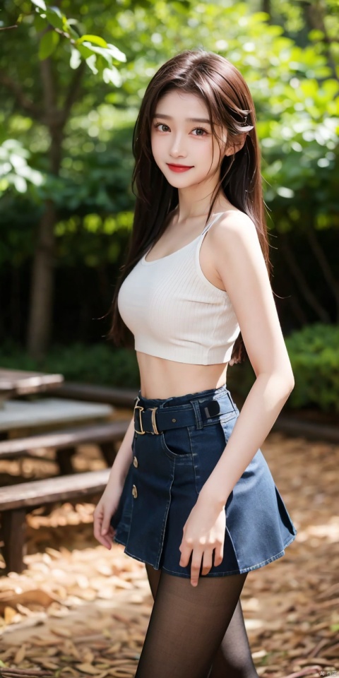  best quality, masterpiece, cowboy_shot,(Good structure), DSLR Quality,Depth of field,kind smile,looking_at_viewer,Dynamic pose,
 1girl, 3d, bare_shoulders, belt, blurry, blurry_background, blurry_foreground, branch, , , , collarbone, cosplay_photo, denim, denim_skirt, depth_of_field, , lips, long_hair, looking_at_viewer, midriff, miniskirt, motion_blur, navel, outdoors, photo_\(medium\), realistic, skirt, solo, standing, tree, , , , blackpantyhose, guanxiaotong