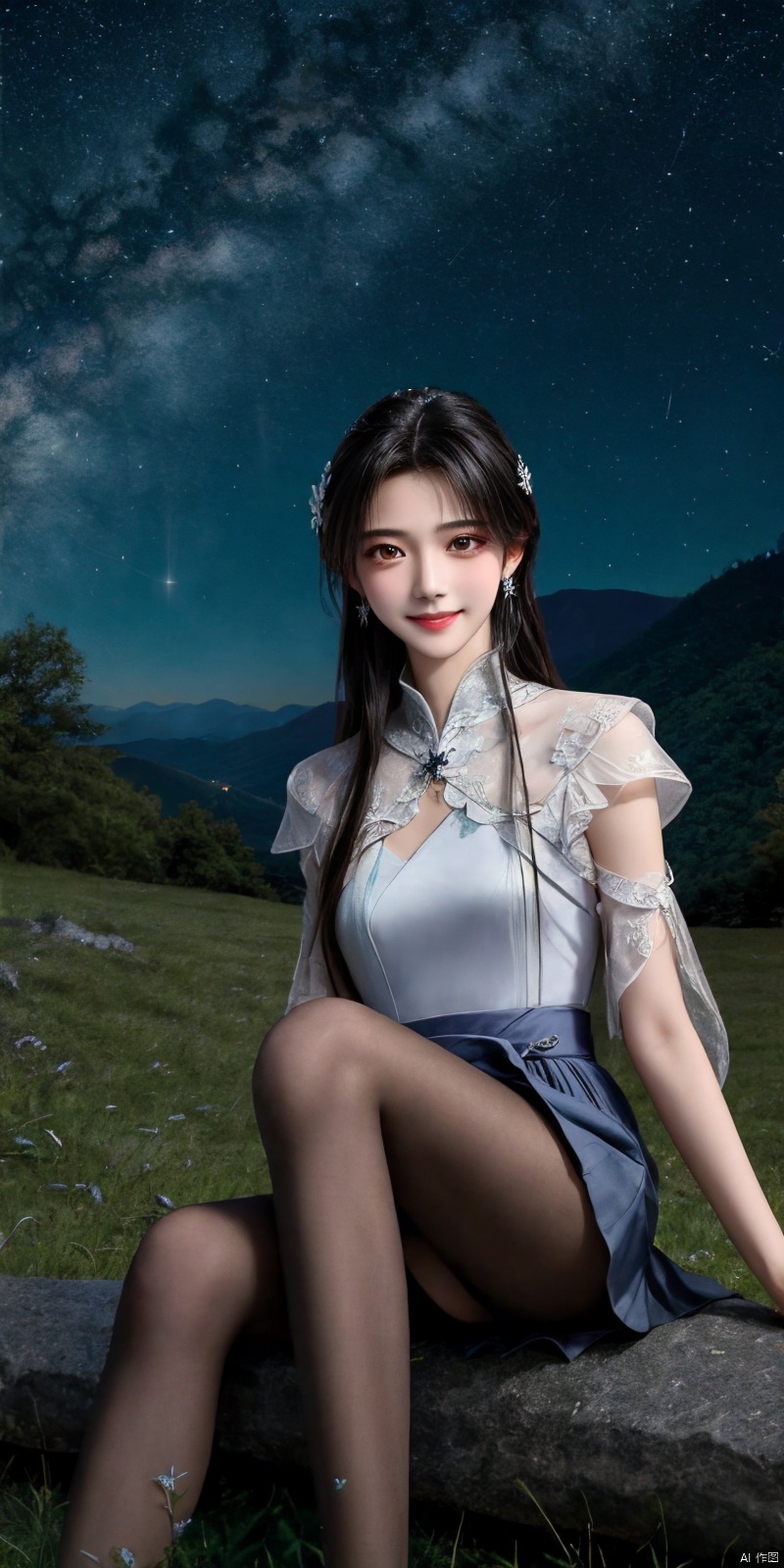  best quality, masterpiece, ,(Good structure), DSLR Quality,Depth of field,kind smile,looking_at_viewer,Dynamic pose, realistic ,
On the mountaintop, you can see the starry sky, and a beautiful girl is sitting on the grass. It is a masterpiece of a master, with stunning beauty, eye close-up, natural beauty, long legs, and short skirt, ,blackpantyhose, xiaqingyue