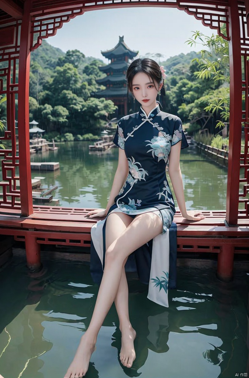  (sunlight, beautiful sky, floating hair, Fisheye lens lens, dynamic angle, distant view, panorama ,overlook,barefoot), ((Ancient_Chinese_architecture)), (short sleeves),with a combination of Morgan colors, Qiu Ying's painting style, And high end color matching, ((A beautiful girl sitting on a bamboo raft in the water, swimming downstream, Huge lotus, rain, (full body), aqua_china_dress)), (bright light,fantasy), ((spotted light)),1 girl, ((black hair, shy, blush)), Detail, , jinchen, chinese dress