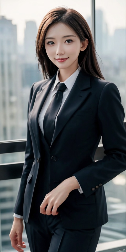  best quality, masterpiece, cowboy_shot,(Good structure), DSLR Quality,Depth of field,kind smile,looking_at_viewer,Dynamic pose, 
Modern businesswoman, dressed in a sleek suit and tie, posing confidently in a modern office setting, cityscape view through the window, focused expression, powerful pose, professional attire, realistic lighting, sharp focus.,linzhilin,
