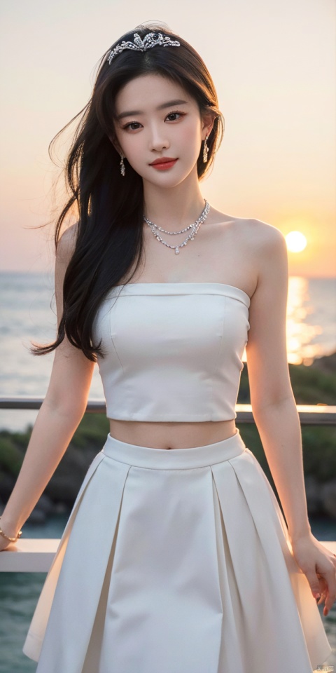  (Good structure),cowboy_shot, DSLR Quality,Depth of field ,looking_at_viewer,Dynamic pose, , kind smile,,
1girl, solo, long hair, , looking at viewer, skirt, hair ornament, bare shoulders, jewelry, , black hair, earrings, outdoors, midriff, water, necklace, lips, crop top, grey eyes, leaning forward, ocean, white skirt, strapless vest, sunset, sun, , liuyifei