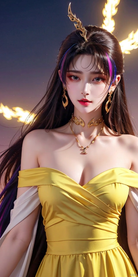  cowboy_shot ,1girl,Bangs, off shoulder, colorful_hair, ((colorful hair)),golden dress, yellow eyes, chest, necklace, pink dress, earrings, floating hair, jewelry, sleeveless, very long hair,Looking at the observer, parted lips, pierced,energy,electricity,magic, dofas, forehead mark,tianhu