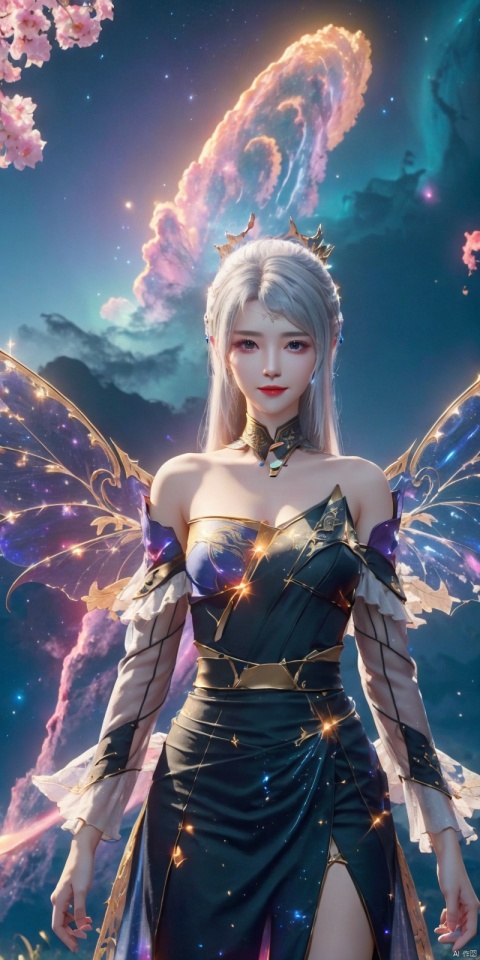 best quality, masterpiece, cowboy_shot,(Good structure), DSLR Quality,Depth of field,kind smile,looking_at_viewer,Dynamic pose, 
, 1girl, wings, solo, nebula wings, , long hair, navel, dress, pink wings, looking at viewer, star \(sky\), , , bare shoulders, sky, starry sky, collarbone, realistic, nebula,,, , xuancaiqun, ,  , luoli.white hair ,