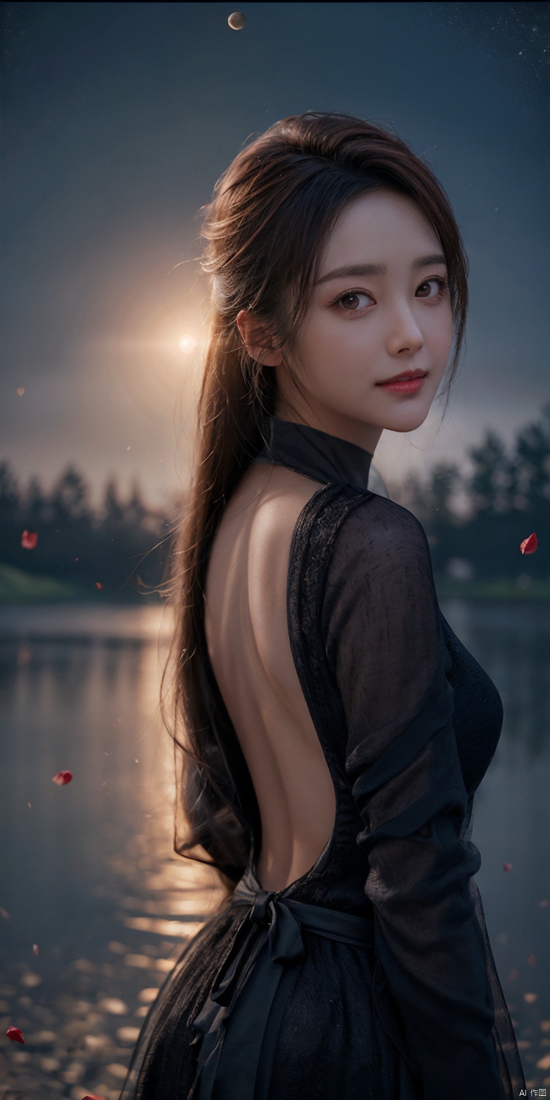  best quality, masterpiece, realistic,cowboy_shot,(Good structure), DSLR Quality,Depth of field,kind smile,looking_at_viewer,Dynamic pose, 1girl,
8k resolution, Masterpiece quality, High detail. from below,
Fantasy theme, cropped. {(1 girl:1.5),(close to viewer:1.8), ((looking at viewer:2), beautiful face, breasts), ((worm's eye shot:1.2)),perspective distortion}, (Panoramic view, fisheye lens effect:1.1). 
{(Strong backlighting, underexposure:1.4), (blocked shadows:0.8), depth of field(at 100mm focal length:1.2)}, (horizon:0.7), low key earth.
the starry sky feathering into the background, creating a sense of depth and gradient. Incorporating Droste Effect(an endless repetition and reflection:1.2). 
Surrounded by fluttering rose petals, reflected or casting dramatic shadows and highlights, {(meteor shower, planets:1.1), (Vermilion Comet:1.3)}. mesmerizing effect, a dreamlike ambiance of infinity. A vortex of rose petals, a starry sky vortex, , as, vortex, tyjf, ,lichun