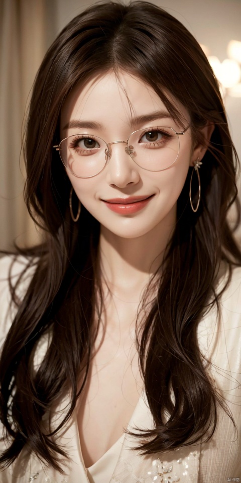  best quality, masterpiece, realistic,cowboy_shot,(Good structure), DSLR Quality,Depth of field,kind smile,looking_at_viewer,Dynamic pose, 
longni, 1girl, solo, glasses, long hair, looking at viewer, earrings, jewelry, lips, brown hair, blurry, realistic