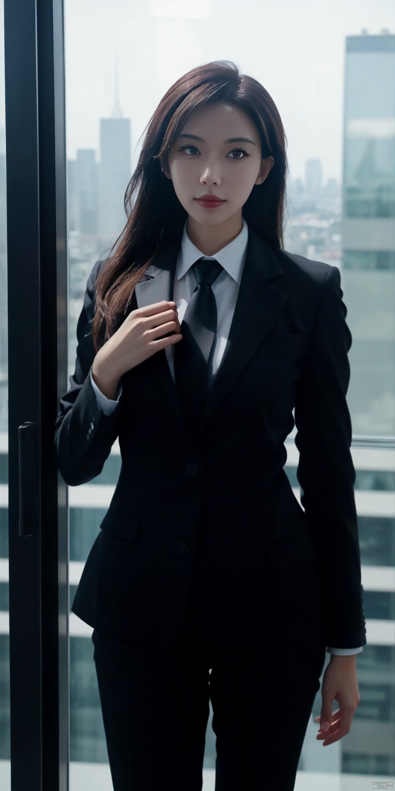  Modern businesswoman, dressed in a sleek suit and tie, posing confidently in a modern office setting, cityscape view through the window, focused expression, powerful pose, professional attire, realistic lighting, sharp focus.