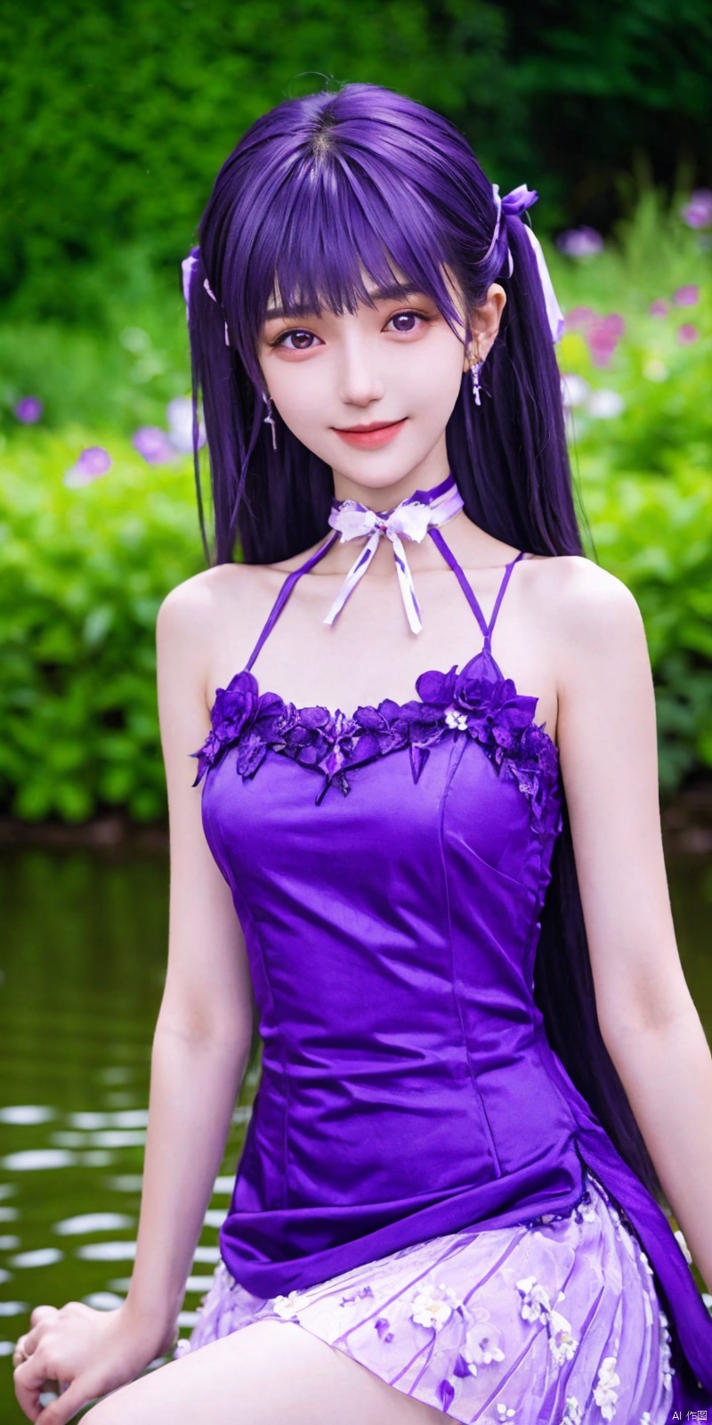 best quality, masterpiece, realistic,cowboy_shot,(Good structure), DSLR Quality,Depth of field,kind smile,looking_at_viewer,Dynamic pose, 
1girl, solo, long hair, breasts, looking at viewer, bangs,   hair ornament, dress, ribbon,  , bare shoulders, twintails, jewelry, medium breasts, sitting, very long hair, purple eyes, collarbone, hair ribbon, purple hair, flower, thighs, earrings, outdoors, parted lips, sleeveless, choker, hand up, hair flower, water,  white dress, bare arms, petals,  , sleeveless dress, black choker, short dress, frilled dress, white flower, purple ribbon, spaghetti strap,
 ,purple_hair,  ,shengcaier