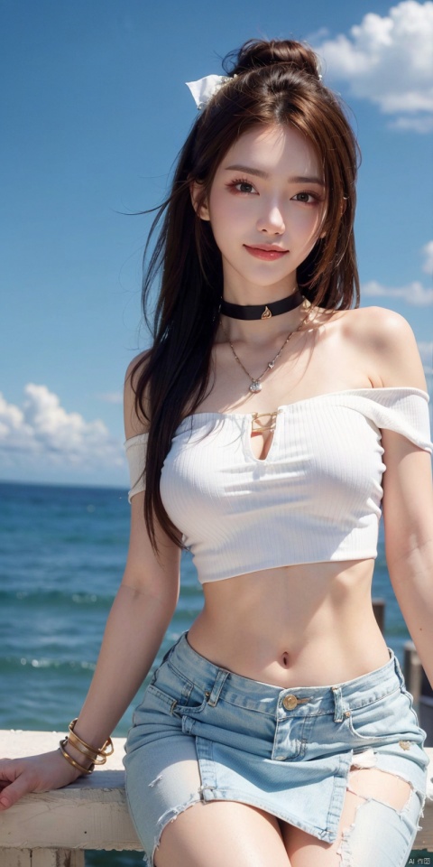  cowboy_shot,(Good structure), DSLR Quality,Short skirt,Blue sky, white clouds, ocean, nai3, 1girl, solo, crop top, , choker, navel, shirt, midriff, crop top overhang, looking at viewer, white shirt, jewelry, breasts, bare shoulders, off-shoulder shirt, off shoulder, black choker, thighs, stomach, long hair, bracelet, short sleeves, ribbon, hand up, collarbone, hair ribbon, medium breasts, , bra strap, , hair ornament, thigh gap, necklace, expressionless, , ,kind smile, , , nalanyanran