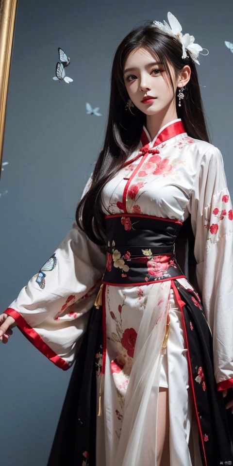  best quality, masterpiece, (cowboy_shot),(Good structure), DSLR Quality,Depth of field,kind smile,looking_at_viewer,Dynamic pose, line art,line style,as style,best quality,masterpiece, The image features a beautiful anime-style illustration of a young woman. She has long black hair and is dressed in a traditional Chinese outfit. The outfit consists of a white top with blue and purple accents, a long skirt, and a butterfly-shaped mirror in her hand. She stands against a backdrop of a clear blue sky and a body of water, with butterflies fluttering around her. AI painting pure tag structure: anime, art, illustration, traditional clothes, blue, white, long hair, black hair, butterfly, mirror, sky, water, , chineseclothes, zhangyuxi