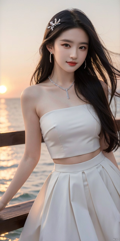  (Good structure),cowboy_shot, DSLR Quality,Depth of field ,looking_at_viewer,Dynamic pose, , kind smile,,
1girl, solo, long hair, , looking at viewer, skirt, hair ornament, bare shoulders, jewelry, , black hair, earrings, outdoors, midriff, water, necklace, lips, crop top, grey eyes, leaning forward, ocean, white skirt, strapless vest, sunset, sun, ,  liuyifei