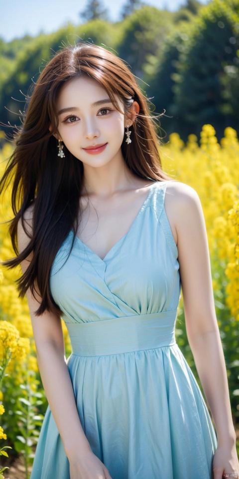 cowboy_shot,(Good structure),standing in a sea of rapeseed flowers, charming eyes, kind smile, surrounded by blooming yellow rapeseed flowers, forming a beautiful picture, high quality picture, full HD picture, 8K resolution, photorealistic, intricate details, sharp focus, vibrant colors, Depth of field,
concept art, artwork., blue dress,  1girl, ((poakl)), nazha
, 1girl