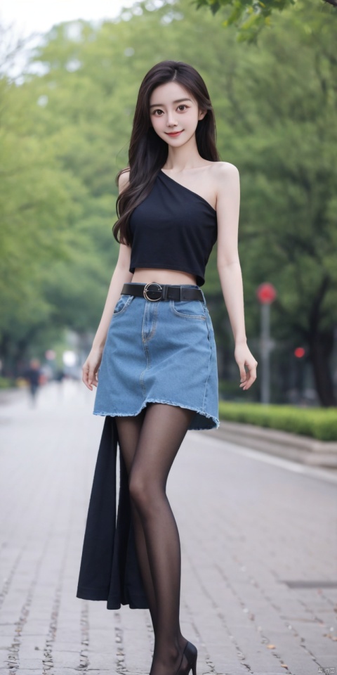  best quality, masterpiece, full_body,(Good structure), DSLR Quality,Depth of field,kind smile,looking_at_viewer,Dynamic pose,
 1girl, 3d, bare_shoulders, belt, blurry, blurry_background, blurry_foreground, branch, , , , collarbone, cosplay_photo, denim, denim_skirt, depth_of_field, , lips, long_hair, looking_at_viewer, midriff, miniskirt, motion_blur, navel, outdoors, photo_\(medium\), realistic, skirt, solo, standing, tree, , , , blackpantyhose, , , , , , angel