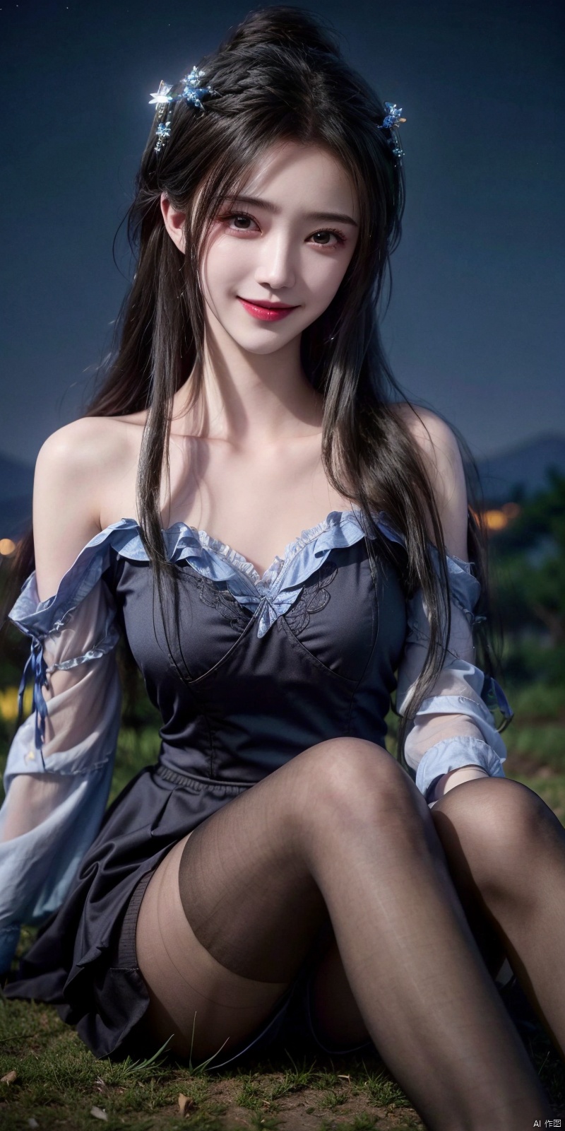  best quality, masterpiece, ,(Good structure), DSLR Quality,Depth of field,kind smile,looking_at_viewer,Dynamic pose, realistic ,
On the mountaintop, you can see the starry sky, and a beautiful girl is sitting on the grass. It is a masterpiece of a master, with stunning beauty, eye close-up, natural beauty, long legs, and short skirt, ,blackpantyhose,  , limuwan