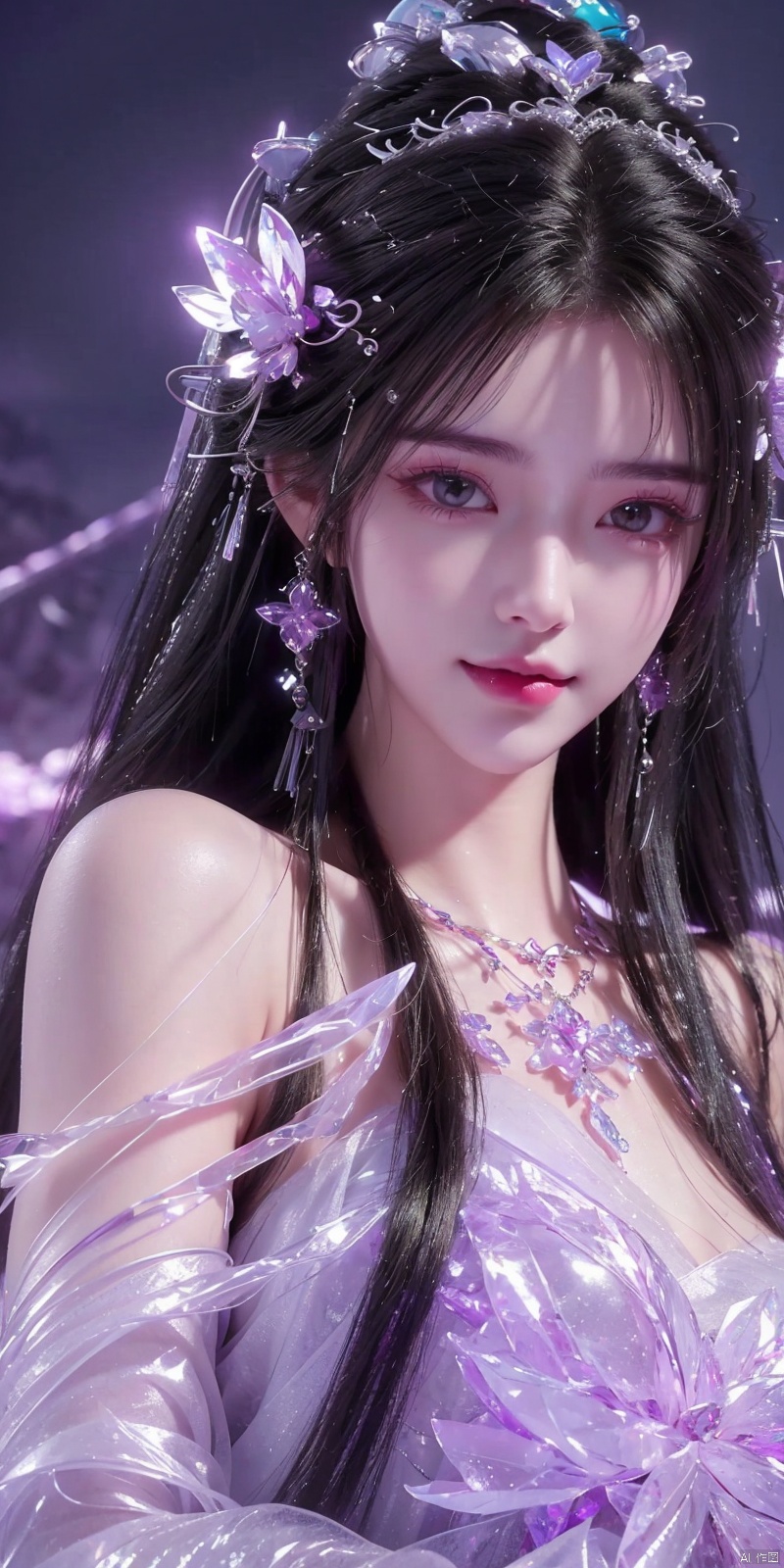  (Good structure),cowboy_shot, DSLR Quality,Depth of field ,looking_at_viewer,Dynamic pose, , kind smile,
1 girl,(Purple light effect),hair ornament,jewelry,looking at viewer, (\meng ze\), wangyushan, dofas,(ultra-detailed crystallization),transparent crystals, qingyi