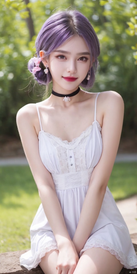  best quality, masterpiece, cowboy_shot,(Good structure), DSLR Quality,Depth of field,kind smile,looking_at_viewer,Dynamic pose, 
1girl, solo, long hair, breasts, looking at viewer, bangs,   hair ornament, dress, ribbon,  , bare shoulders, twintails, jewelry, medium breasts, sitting, very long hair, purple eyes, collarbone, hair ribbon, purple hair, flower, thighs, earrings, outdoors, parted lips, sleeveless, choker, hand up, hair flower, water,  white dress, bare arms, petals,  , sleeveless dress, black choker, short dress, frilled dress, white flower, purple ribbon, spaghetti strap,
,jiuhuangnv,white_hair,short_hair