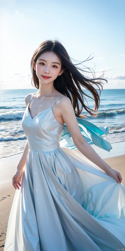  best quality, masterpiece, cowboy_shot,(Good structure), DSLR Quality,Depth of field,kind smile,looking_at_viewer,Dynamic pose, 
, Blue sky and white clouds on the beach,Masterpiece, (ultra wide angle lens: 1.2), Unity8k wallpaper, best quality, (detail shadow: 1.1), a beautiful girl, on a sea of light blue silk, translucent silk, floating light blue silk, surrealist style, minimalism, highly detailed texture, light blue, white clean background, CG rendering, light passing through clouds, 8k resolution, (motion photo: 1.2), (Fidelity: 1.4), original photos, movie lighting, 1girl,, ,,kind smile, , weddingdress, , duling
