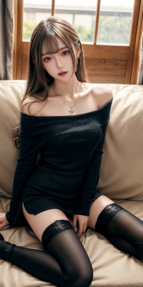  futuaner, 1girl, solo, thighhighs, high heels, sitting, long hair, black thighhighs, necklace, realistic, jewelry, looking at viewer, wariza, black hair, off shoulder, ((poakl))