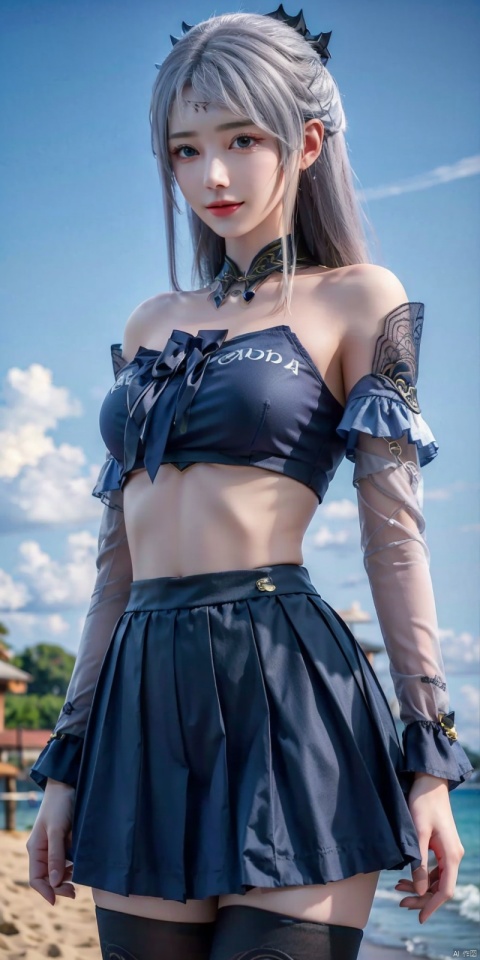  cowboy shot,(Good structure), DSLR Quality,Blue sky and white clouds on the beach,(high-detail skin) , 8K ultra-hd, , high quality, high resolution,(photo realistic: 1.3) 
, sailor senshi uniform,blue bow,blue necktie,blue sailor collar,blueskirt,black pantyhose, , ,kind smile, , ((poakl)), 1girl,  luoli