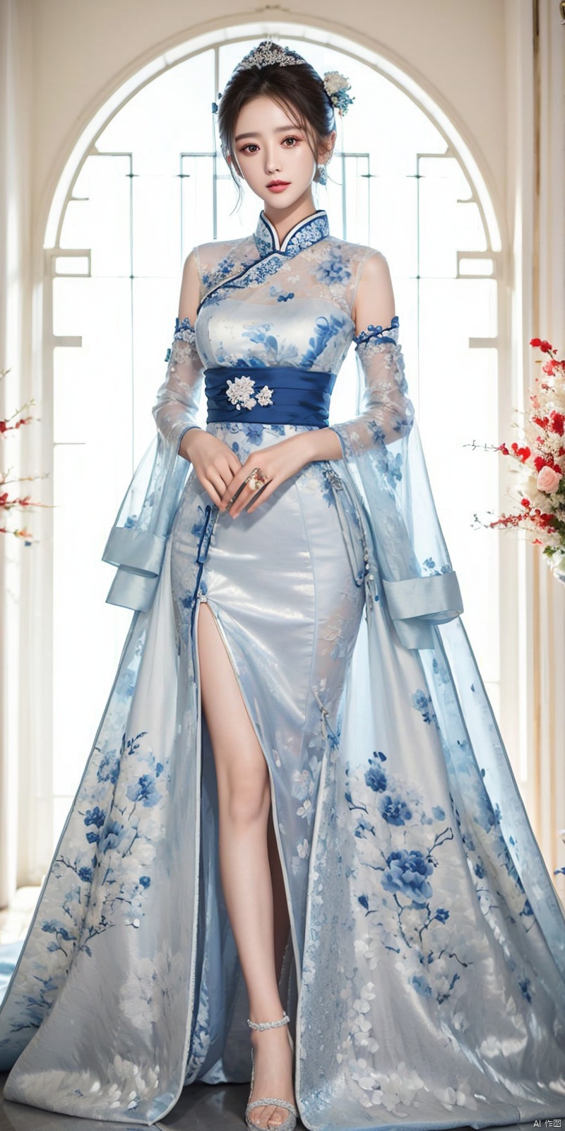  masterpiece, The best quality, 1girl, luxurious wedding dress, dreamy scene, white background, front viewer, looking at viewer, Flowers, romantic, Bride, Translucent white turban, UHD, 16k, , sparkling dress, yunbin, full_body, white stockings, , chinese dress,white dress,
chinese clothes,dress,white dress,floral print,china dress,blue dress,hanfu,long sleeves,print dress,robe,skirt,sleeveless dress,widesleeves, weddingdress, , ((poakl)), yaya