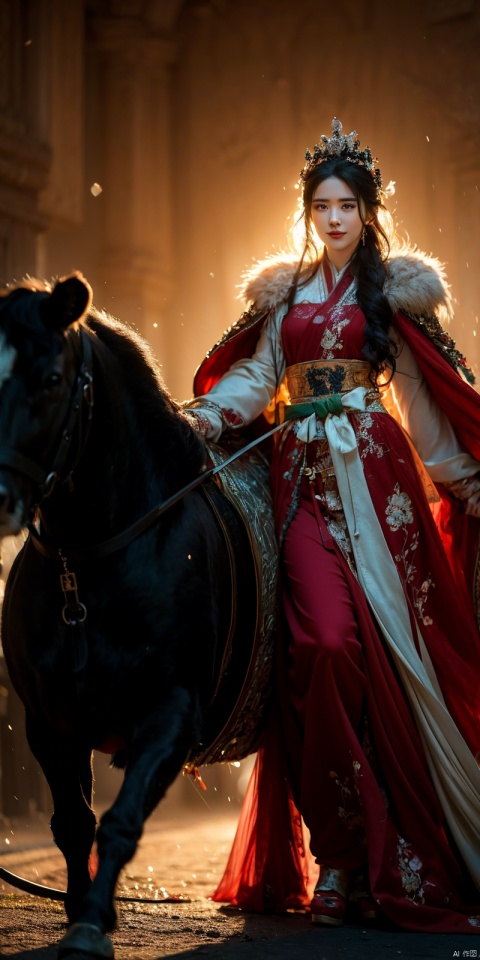 best quality, masterpiece, realistic,full_body,(Good structure), DSLR Quality,Depth of field,kind smile,looking_at_viewer,Dynamic pose, 
, 1girl,Wearing a jade crown, shining silver armor, and wearing a lion headband. Treading towards the sky with cow tendon boots; Wearing a crimson cloak on her shoulders, carrying a three foot green blade on her waist, and carrying an iron tire bow on her back, coupled with her tall figure and resolute expression,Facing the camera, liuyifei,  