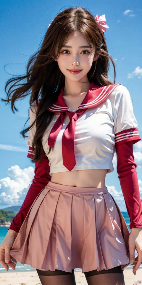  cowboy shot,(Good structure), DSLR Quality,Blue sky and white clouds on the beach,(high-detail skin) , 8K ultra-hd, , high quality, high resolution,(photo realistic: 1.3) 
, sailor senshi uniform,pink bow,pink necktie,pink sailor collar,pinkskirt,black pantyhose, , ,kind smile,  nazha, ((poakl)), 1girl
