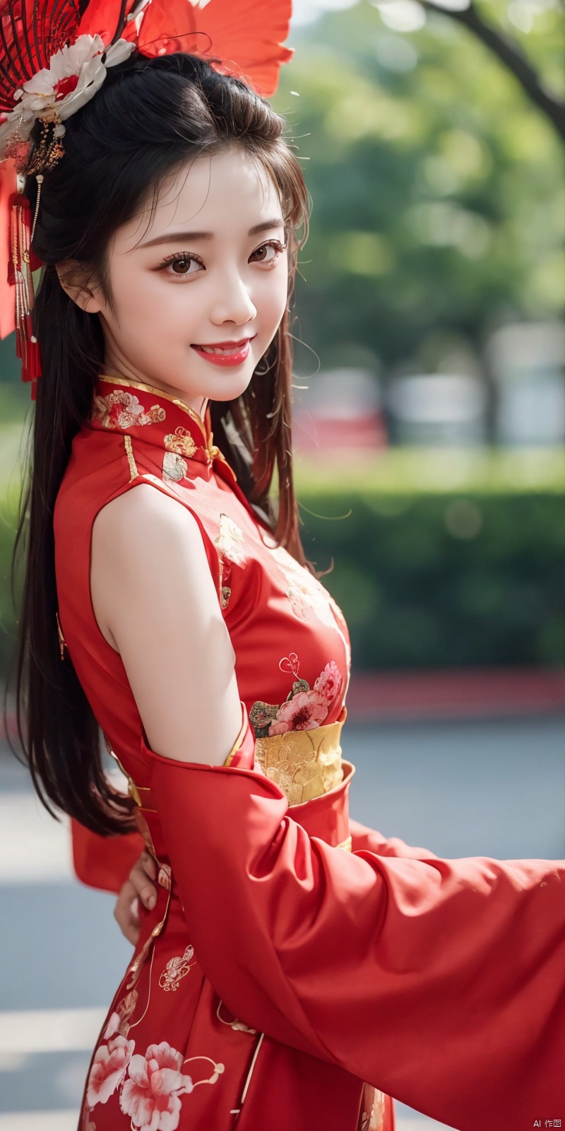  best quality, masterpiece, realistic, ,(Good structure), DSLR Quality,Depth of field,kind smile,looking_at_viewer,Dynamic pose, 
1girl, solo, long hair, 
,fengguanxiapei,dress,chinese clothes,red dress,traditional clothes, zhulin