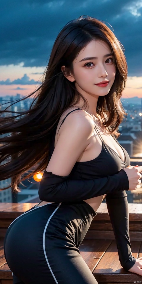 (Good structure),cowboy_shot, DSLR Quality,Depth of field ,looking_at_viewer,Dynamic pose, , kind smile,,Frontal photography,Look front,evening,dark clouds,the setting sun,On the city rooftop,1girl,Black top,Black Leggings,black hair,long hair, dark theme, muted tones, pastel colors, high contrast, (natural skin texture, A dim light, high clarity) ((sky background))((Facial highlights)),cleavage cutout, yuanyuan