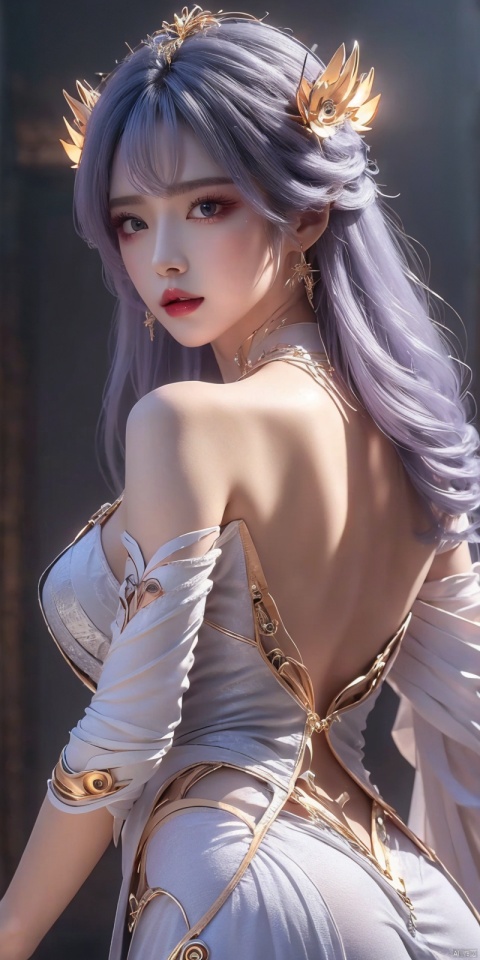  1girl,pointy ears,((cyborg,glowing)),(buttocks),thigh
￼
solo
￼
hair ornament
￼
dress
￼
bare shoulders
￼
jewelry
￼
closed mouth
￼
grey hair
￼
earrings
￼
looking back
￼
necklace
￼
from behind
￼
blurry
￼
lips
￼
grey eyes
￼
feathers
￼
realistic
￼
￼, tianqiong,purple_hair