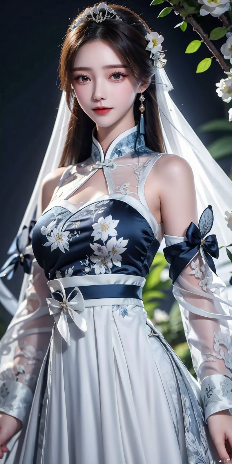  cowboy shot,(Good structure), DSLR Quality,Depth of field,kind smile,looking_at_viewer,Dynamic pose,,masterpiece, The best quality, 1girl, luxurious wedding dress, dreamy scene, white background, front viewer, looking at viewer, Flowers, romantic, Bride, Translucent white turban, UHD, 16k, , sparkling dress, , white stockings, , chinese dress,white dress,long hair,
chinese clothes,dress,white dress,floral print,china dress,blue dress,hanfu,long sleeves,print dress,robe,skirt,sleeveless dress,widesleeves, weddingdress, , ((poakl)),,, liushen