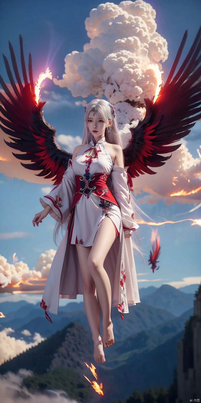  (Good structure), DSLR Quality,1girl, 
(red fire,magic),(glowing eyes:1.3), 
chest,electricity, lightning,
white magic, aura,,
Front view,air,cloud,
backlight,looking at viewer,,white hair
very long hair,hair flowe

(bare feet,:1.2)(flying in the sky:1.6),(Stepping on the clouds:1.2),(Red Angel Wings:1.2), wings,((poakl)), xiaoyixian,white hair, 1girl
