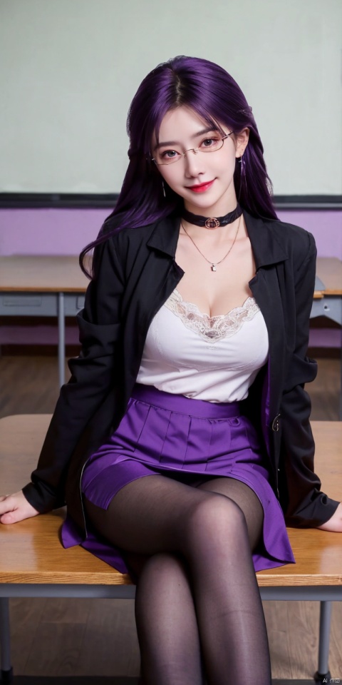 best quality, masterpiece, ,(Good structure), DSLR Quality,Depth of field,kind smile,looking_at_viewer,Dynamic pose,
  1girl, solo, long hair, breasts, looking at viewer, bangs, blue eyes, skirt, large breasts, shirt, long sleeves, cleavage, jewelry, sitting, underwear, purple eyes, jacket, full body, purple hair, pantyhose, earrings, glasses, choker, indoors, miniskirt, black skirt, black footwear, bra, mole, high heels, lips, black jacket, legs, chair, formal, suit, desk, pencil skirt, classroom, office lady, teacher, pointer, , yunxi, purple_hair ,blackpantyhose,purpleeyes, 