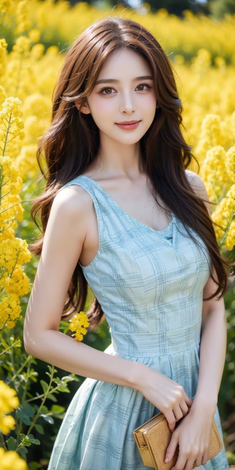 cowboy_shot,(Good structure),standing in a sea of rapeseed flowers, charming eyes, kind smile, surrounded by blooming yellow rapeseed flowers, forming a beautiful picture, high quality picture, full HD picture, 8K resolution, photorealistic, intricate details, sharp focus, vibrant colors, trending on ArtStation, trending on CGSociety, by Greg Rutkowski, Midjourney, Jeremy Mann, Antonio Moro, Ed Blinkey, Atey Ghailan, Studio Ghibli, heart professional majestic oil painting, popular on DeviantArt, concept art, artwork., lvshui-blue dress, Light master, (\meng ze\), 1girl, ((poakl)), nazha