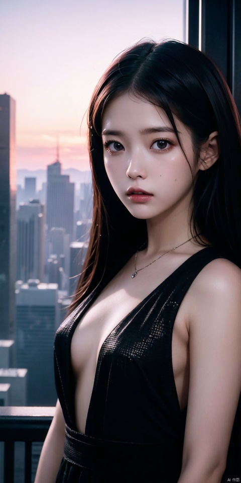 neonpunk style Neon noir leogirl,hANMEIMEI,realistic photography,,On the rooftop of a towering skyscraper,a girl stands,facing the camera directly. Behind her,a multitude of skyscrapers stretches into the distance,creating a breathtaking urban panorama. It's the perfect dusk moment,with the evening sun casting a warm glow on the girl's face,intensifying the scene's impact. The photo captures a sense of awe,with the sharpness and realism making every detail vivid and clear,Hair fluttered in the wind,long hair,halterneck, . cyberpunk, vaporwave, neon, vibes, vibrant, stunningly beautiful, crisp, detailed, sleek, ultramodern, magenta highlights, dark purple shadows, high contrast, cinematic, ultra detailed, intricate, professional, ((poakl)), Light master,, , , lizhien
