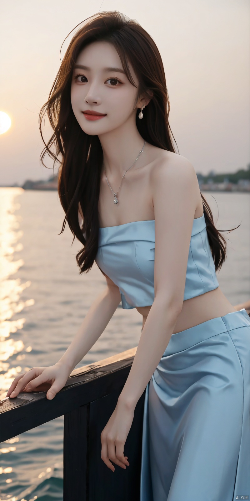  best quality, masterpiece, realistic,cowboy_shot,(Good structure), DSLR Quality,Depth of field,kind smile,looking_at_viewer,Dynamic pose, 
1girl, solo, long hair, , looking at viewer, skirt, hair ornament, bare shoulders, jewelry, , black hair, earrings, outdoors, midriff, water, necklace, lips, crop top, grey eyes, leaning forward, ocean, white skirt, strapless vest, sunset, sun, , , longni, dress,blue dress