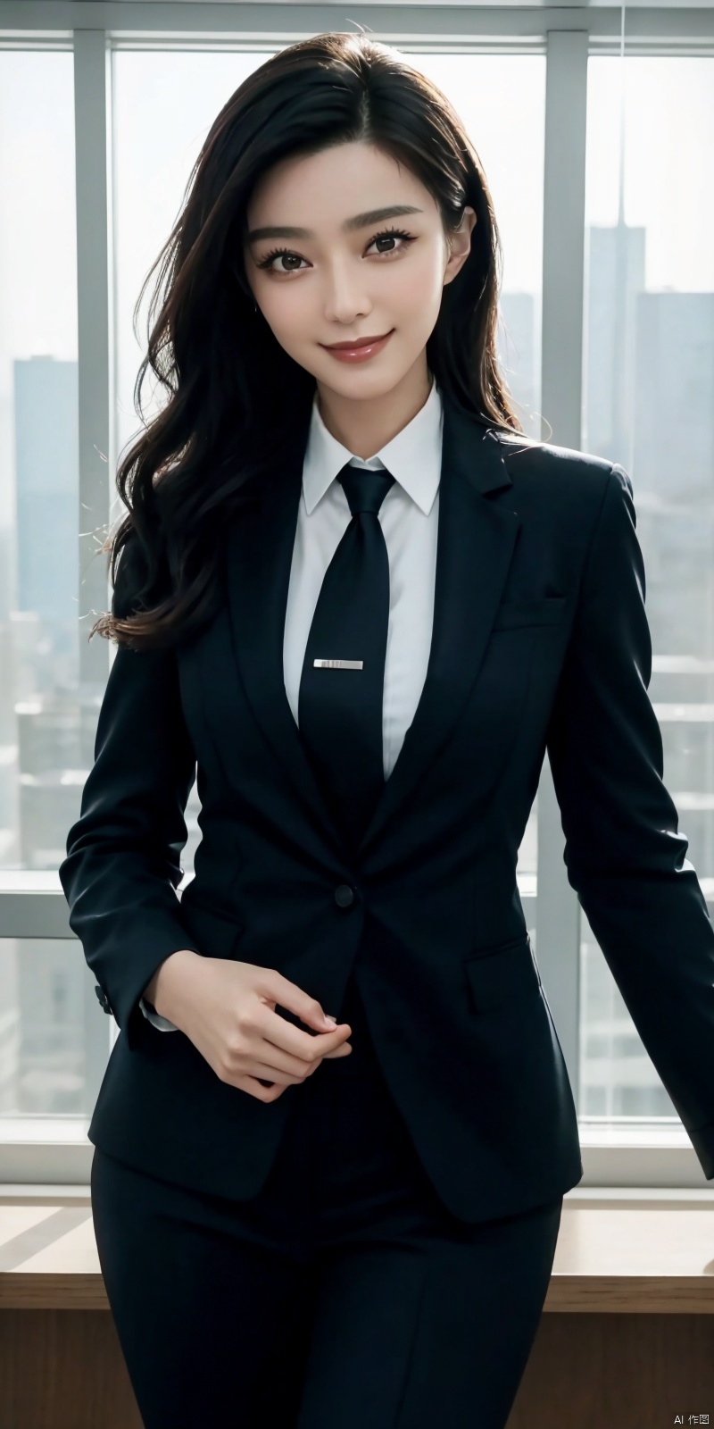  best quality, masterpiece, cowboy_shot,(Good structure), DSLR Quality,Depth of field,kind smile,looking_at_viewer,Dynamic pose, 
Modern businesswoman, dressed in a sleek suit and tie, posing confidently in a modern office setting, cityscape view through the window, focused expression, powerful pose, professional attire, realistic lighting, sharp focus., fanbing