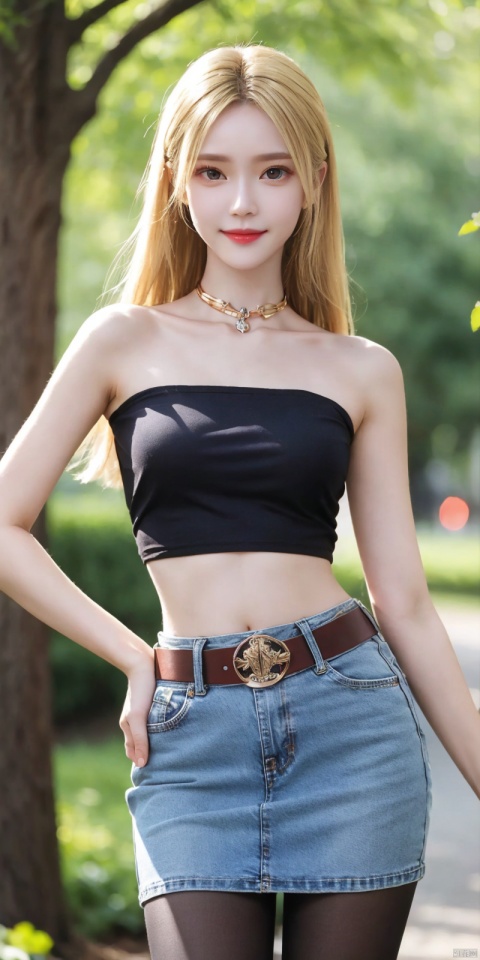  best quality, masterpiece, cowboy_shot,(Good structure), DSLR Quality,Depth of field,kind smile,looking_at_viewer,Dynamic pose,
 1girl, 3d, bare_shoulders, belt, blurry, blurry_background, blurry_foreground, branch, , , , collarbone, cosplay_photo, denim, denim_skirt, depth_of_field, , lips, long_hair, looking_at_viewer, midriff, miniskirt, motion_blur, navel, outdoors, photo_\(medium\), realistic, skirt, solo, standing, tree, , , , blackpantyhose, , ,  , qianrenxue,blond_hair