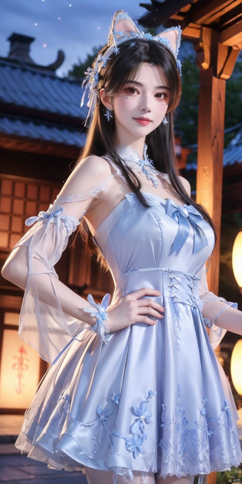  best quality, masterpiece, realistic,cowboy_shot,(Good structure), DSLR Quality,Depth of field,kind smile,looking_at_viewer,Dynamic pose, 
, ,(wariza),,Girl, bare shoulders, , boobs, bow tie, ,purple eyes, cat ears, collar, ((Lolita Dress: 1.4)) , blue and white Lolita dress, wrinkled leg outfit, hand-held, lips, nose, shoulders, , alone, long_hair, kind smile, looking at the audience, white leg costume, wrist cuffs, 1girl,,looking_at_viewer, , lolidress ,xiaqingyue
