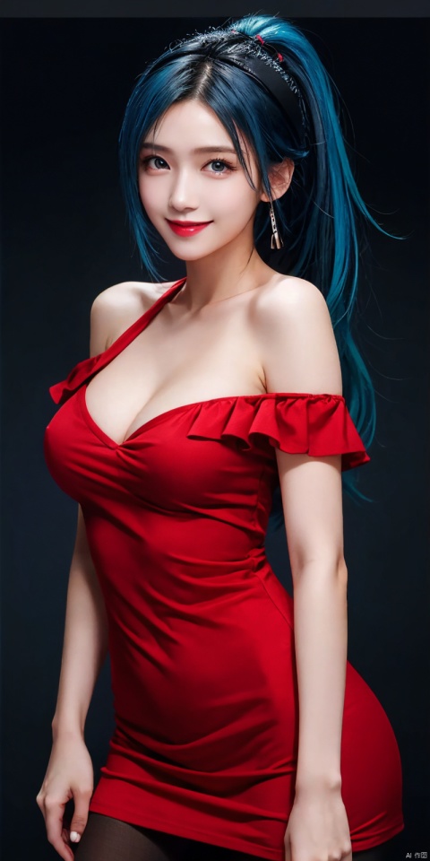  best quality, masterpiece, cowboy_shot,(Good structure), DSLR Quality,Depth of field,kind smile,looking_at_viewer,Dynamic pose, 
1girl, solo, long hair, breasts, blue eyes, (Cyber), bare shoulders, blue hair, collarbone,, , ponytail, multicolored hair, off shoulder, , lips, , headgear, red lips,tifa, blackpantyhose