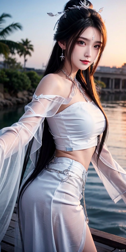  (Good structure),cowboy_shot, DSLR Quality,Depth of field ,looking_at_viewer,Dynamic pose, , kind smile,,
1girl, solo, long hair, , looking at viewer, skirt, hair ornament, bare shoulders, jewelry, , black hair, earrings, outdoors, midriff, water, necklace, lips, crop top, grey eyes, leaning forward, ocean, white skirt, strapless vest, sunset, sun, , luxueqi