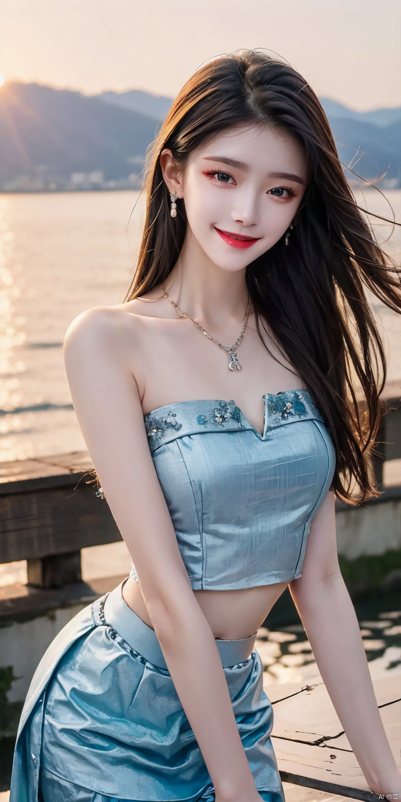  best quality, masterpiece, realistic,cowboy_shot,(Good structure), DSLR Quality,Depth of field,kind smile,looking_at_viewer,Dynamic pose, 
1girl, solo, long hair, , looking at viewer, skirt, hair ornament, bare shoulders, jewelry, , black hair, earrings, outdoors, midriff, water, necklace, lips, crop top, grey eyes, leaning forward, ocean, white skirt, strapless vest, sunset, sun, ,  , dress,blue dress, tianhu