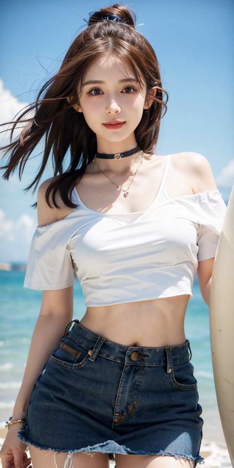  cowboy_shot,(Good structure), DSLR Quality,Short skirt,Blue sky, white clouds, ocean,((Surf)), nai3, 1girl, solo, crop top, , choker, navel, shirt, midriff, crop top overhang, looking at viewer, white shirt, jewelry, breasts, bare shoulders, off-shoulder shirt, off shoulder, black choker, thighs, stomach, long hair, bracelet, short sleeves, ribbon, hand up, collarbone, hair ribbon, medium breasts, , bra strap, , hair ornament, thigh gap, necklace, expressionless, , ,kind smile, ,, nazha