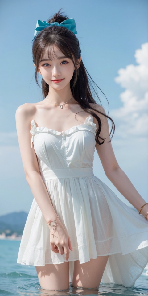  best quality, masterpiece, realistic, ,(Good structure), DSLR Quality,Depth of field,kind smile,looking_at_viewer,Dynamic pose, 
1girl, solo, long hair, breasts, looking at viewer, blush, , bangs, blue eyes,, dress, bow, , bare shoulders, jewelry, very long hair, collarbone, ponytail, white hair, hair bow, thighs, outdoors, sky, sleeveless, day, cloud, water, necklace, white dress, hair over one eye, bracelet, blue sky, blue bow, wading, pendant, doll, skirt hold, rainbow, anastasia \(fate\), , lianmo